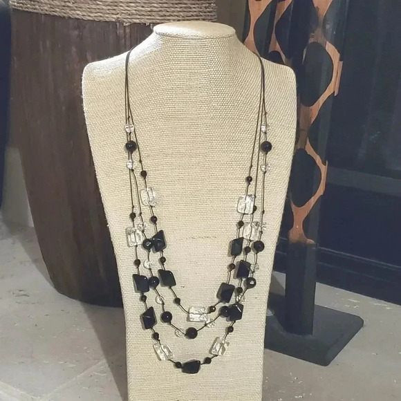 Handcrafted Knotted 3-Strand Black and Clear Vintage Glass Beads Necklace - Picture 1 of 3